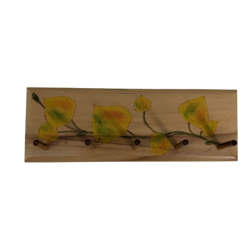 Handcrafted Quaking Aspen Wood Wall Rack Hand Painted Leaves 5 Pegs Rustic